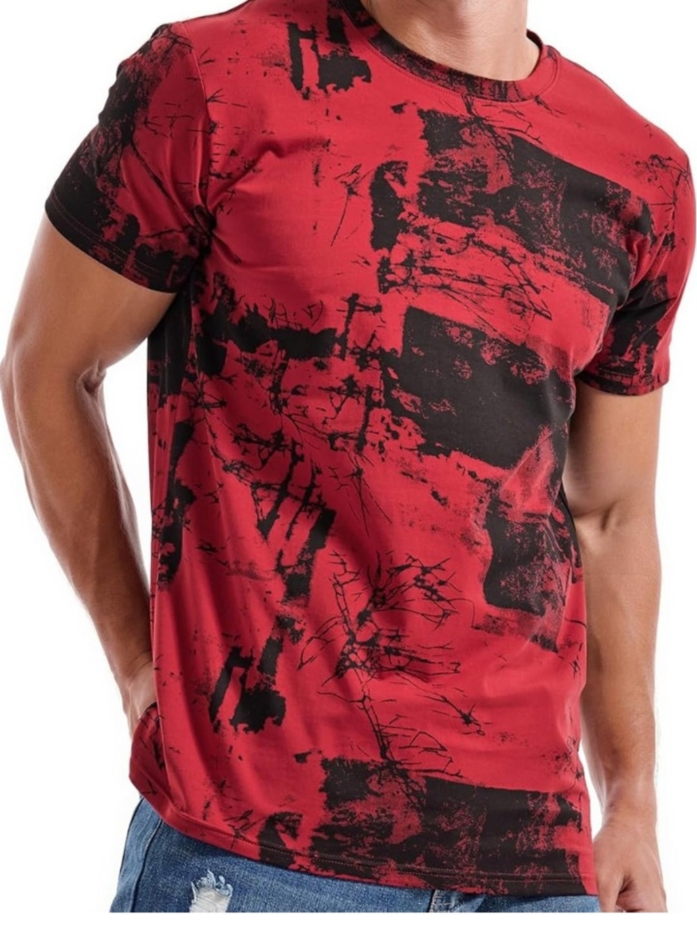 Men's Red and Black Graphic Crew Neck T-Shirt